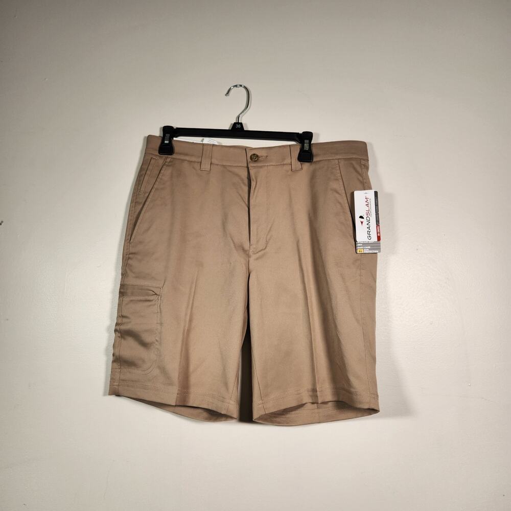 GRAND SLAM Performance Cargo Golf Shorts Mens 34 Tan 360 Stretch UPF 50 NEW